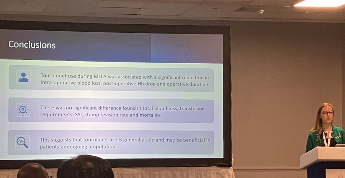 <a href="/jesss_shea/">Jessie Shea</a> at <a href="/VSGBI/">Vascular Society</a> #VSASM2024 presenting meta-analysis data on tourniquet usage in amputations surgery.

Tourniquet usage associated with

✅ reduced blood loss
✅ shorter operation time
↔️ equivalent SSI, amp revision rates &amp; mortality

Full data at ejves.com/article/S1078-…