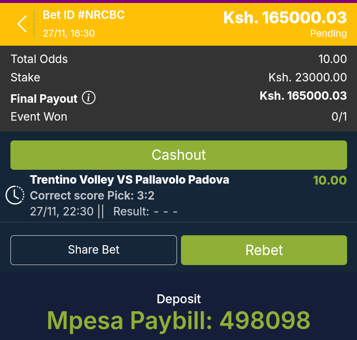 Volleyball Guru 

❇️Correct score 10 odds Maxibet 
maybets.com/share/NRCBC

❇️Extra points win 12 odds 
maybets.com/share/NRCBI

❇️Combined 120 odds 
maybets.com/share/NRCB8

Stake as indicated three times 💯