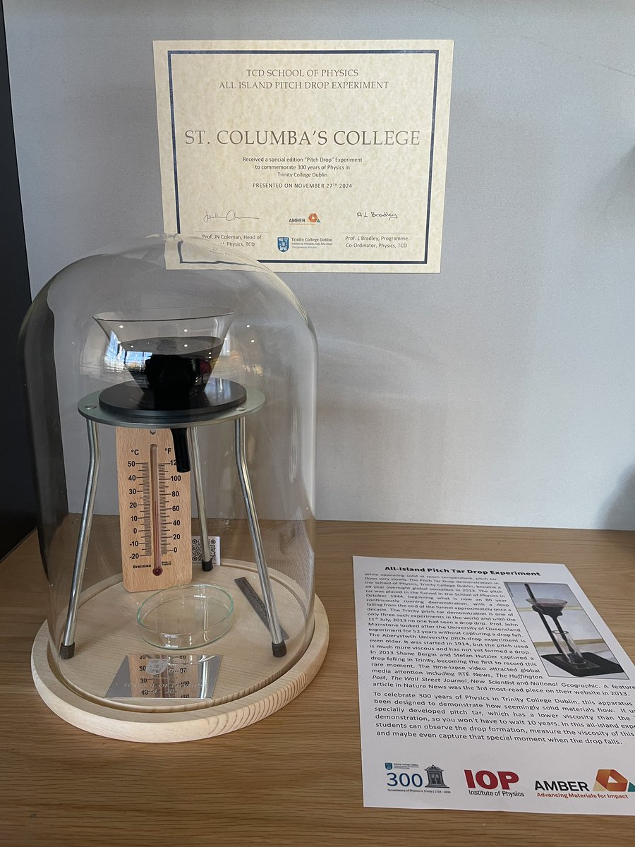 St. Columba’s College (<a href="/sccdublin/">St Columba's College</a>) is delighted to be one of the schools participating in <a href="/TCD_physics/">TCD_physics</a> #physics300 All Ireland Pitch Tar Drop experiment . We’re all set up in the lobby of our science building and the first data entry has been completed.