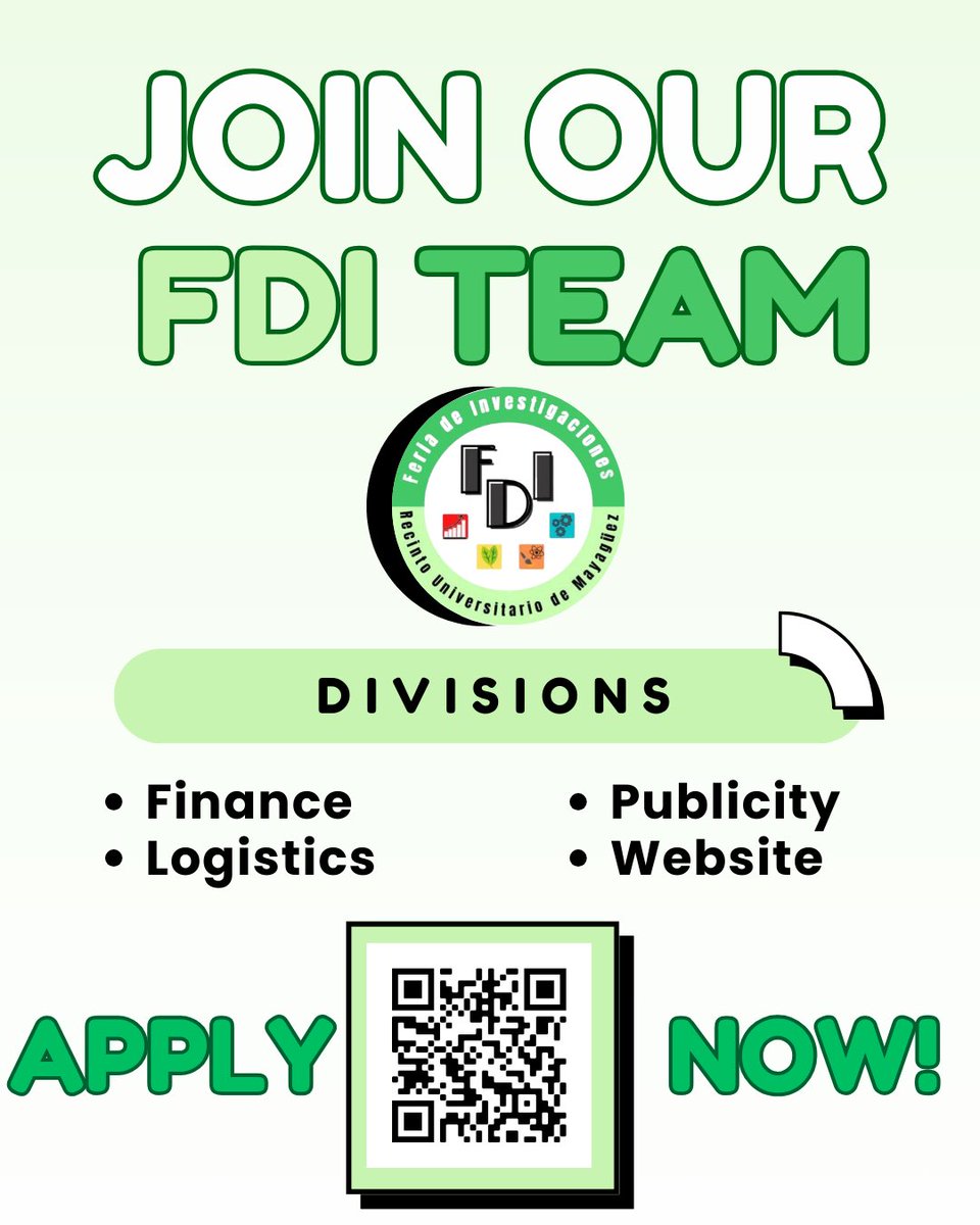 FDI_UPRM's tweet photo. ¡Únete a nuestro equipo; FDI 2024-2025! 💚

¿Deseas formar parte en la preparación y organización de la Feria de Investigaciones? 

Ya puedes unirte a las Divisiones de Publicidad, Website Development, Finanzas o Logística.

¡Llena el formulario hoy!

¡Te esperamos! https://t.co/wvyybKo9NG