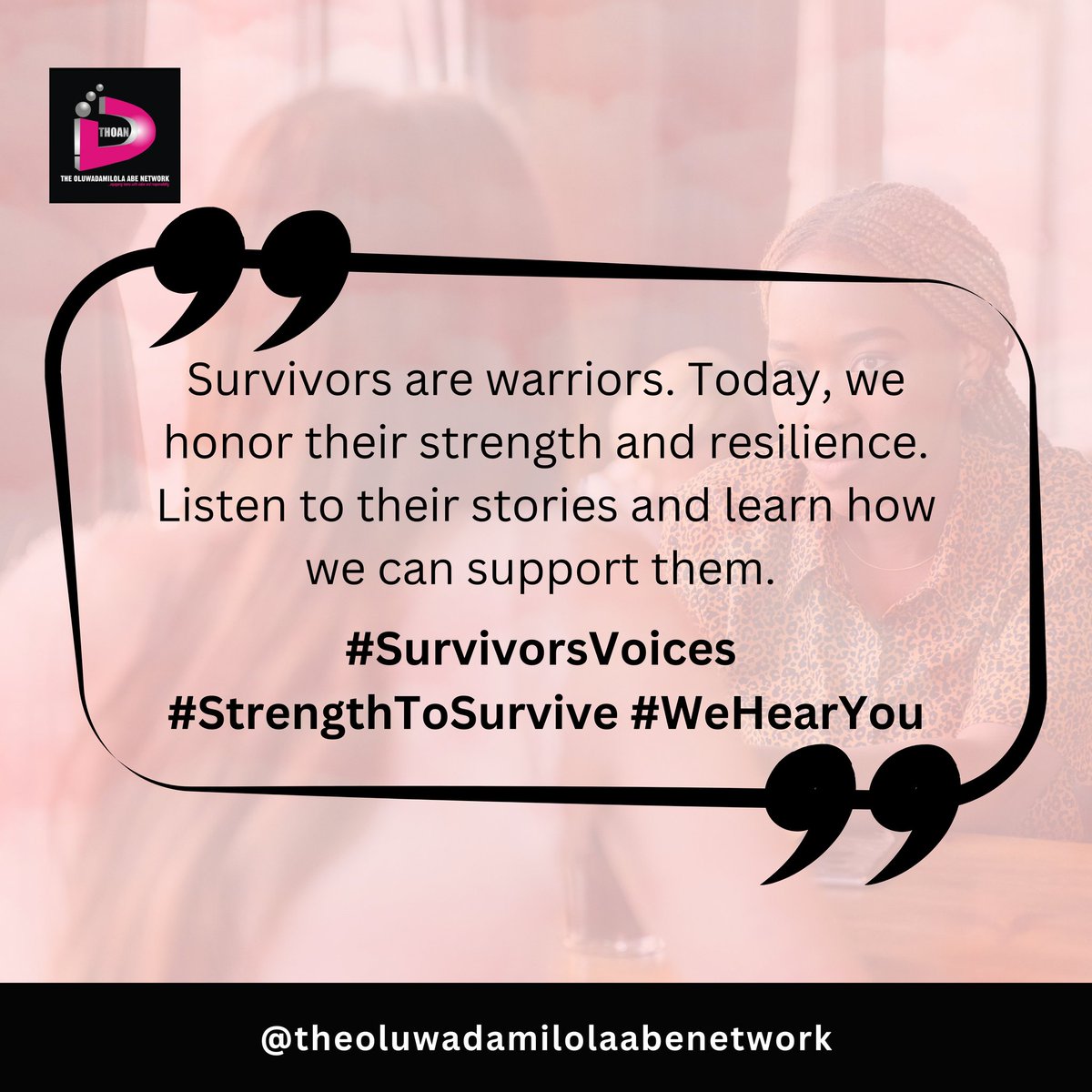 Day 3!

We honor the strength and resilience of survivors!

Let's #UniteAgainstGBV by listening to Survivors, creating support groups, and learning how we can support them.

#WeSeeYou
#WeHearYou
#16DaysOfActivism
#EndGBV
#Orangetheworld
#UniteAgainstGBV
#SDG5
#THOAN
