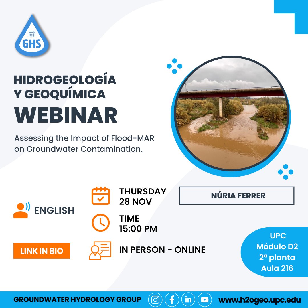 📢 NEW WEBINAR  

🗣️Núria Ferrer

Assessing the Impact of Flood-MAR on Groundwater Contamination.

ONLINE Jueves 28 de Noviembre 15:00hs en directo en: meet.google.com/snb-qdkn-eex