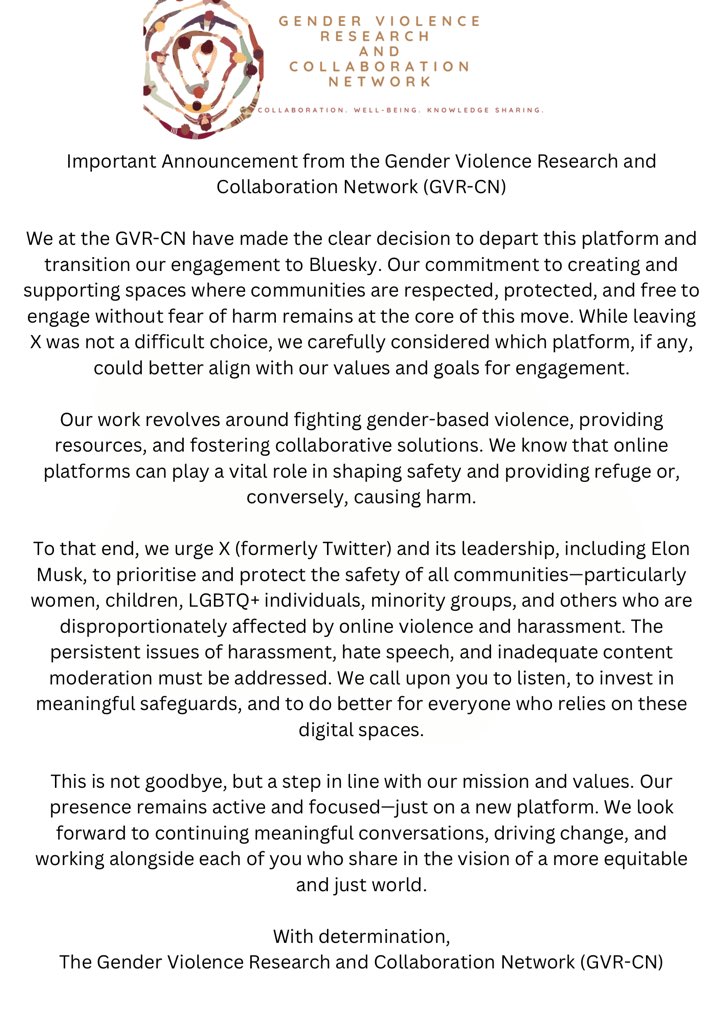 We are transitioning to Bluesky! While this account will remain open to raise awareness of our work, we will no longer post here as we cannot support platforms that fail to prioritise safety and meaningful moderation. Join us on Bluesky: gvrcn.bluesky.social

#bluesky #endGBV