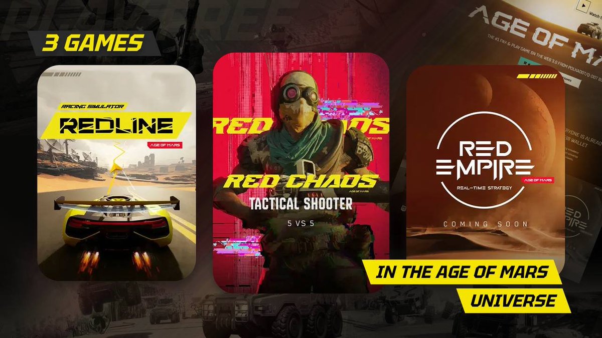 age_of_mars's tweet photo. 3 Games in the Age of Mars Universe ๐ฎ
Right now, users have access to 2 beta-version games:
๐ฎ #RedChaos
๐ฎ #Redline
Soon, weโll add a third game that all strategy lovers are eagerly waiting for โ #RedEmpire.
Play with us!