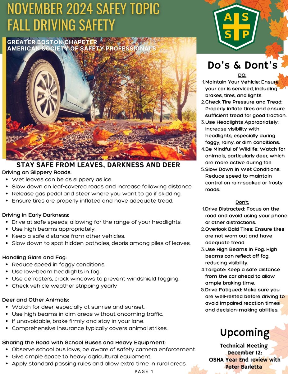 GBC_ASSP's tweet photo. Check out November's Safety Topic focused on best practices for safe driving during Thanksgiving and throughout the Fall!

Don't forget to mark your calendar for our upcoming Technical Meeting: OSHA Year in Review on December 12th!

#SafeDriving #Thanksgiving #DriverAwareness https://t.co/3QpMCNba9n