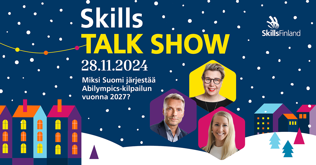 Kolmannessa #SkillsTalkShow-paneelissa paneudutaan osallisuuteen, työllisyyteen ja Helsingin Abilympics-kilpailuun. Mukana keskustelemassa Hannu Koivula <a href="/Luovi_fi/">Ammattiopisto Luovi</a>, Johanna Laisaari <a href="/helsinki/">Helsingin kaupunki</a> sekä Suvi Pulkkinen <a href="/kauppakamari/">Kauppakamari</a>. Tule mukaan: skillsfinland.fi/skillstalkshow