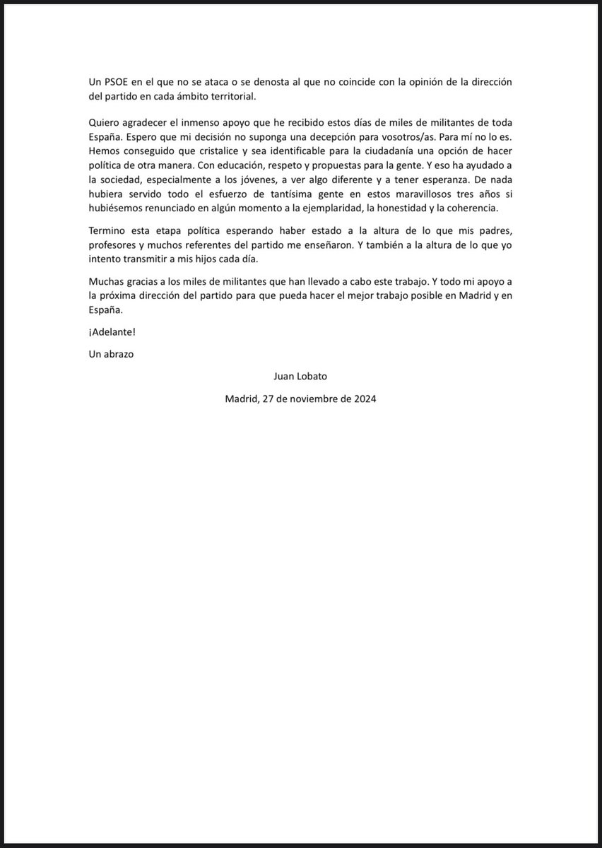 Que <a href="/juanlobato_es/">Juan Lobato</a> dimita de su responsabilidad en el <a href="/psoe_m/">PSOE Madrid</a> es una catástrofe política para el proyecto progresista de Madrid.
Se cierra la puerta al diálogo, la moderación y el sentido común, se cierra la puerta a gobernar Madrid.
Todo mi apoyo, amigo Juan.