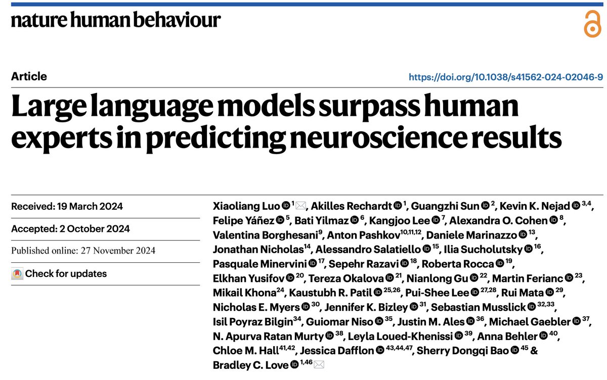 Bradley Love (@profdata) on Twitter photo "Large language models surpass human experts in predicting neuroscience results" w <a href="/ken_lxl/">Xiaoliang (Ken) Luo</a> and BrainGPT.org. LLMs integrate a noisy yet interrelated scientific literature to forecast outcomes. nature.com/articles/s4156… 1/8 "Large language models surpass human experts in predicting neuroscience results" w <a href="/ken_lxl/">Xiaoliang (Ken) Luo</a> and BrainGPT.org. LLMs integrate a noisy yet interrelated scientific literature to forecast outcomes. nature.com/articles/s4156… 1/8