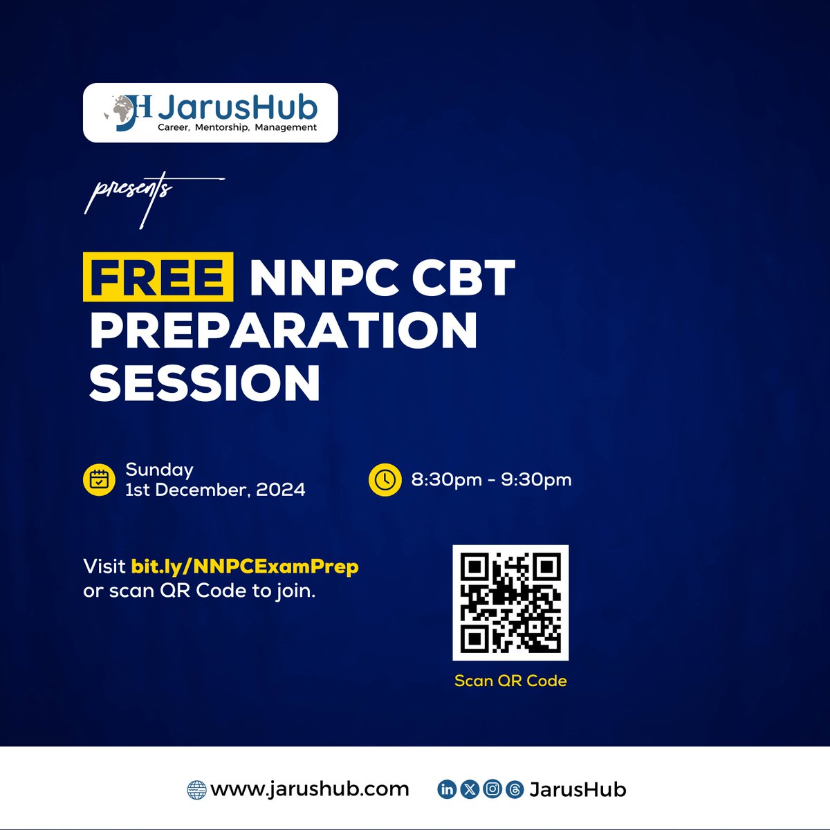 JarusHub's tweet photo. Ace Your NNPC CBT on December 7th!
Join our FREE NNPC CBT Preparation Session this Sunday, Dec. 1st from 8:30 PM - 9:30 PM.
Get expert tips to increase your chances of success!
Visit https://t.co/WXzv30Pxl3 or scan QR Code to join.
#NNPC #Recruitment #JarusHub https://t.co/0B8YzNYM3k