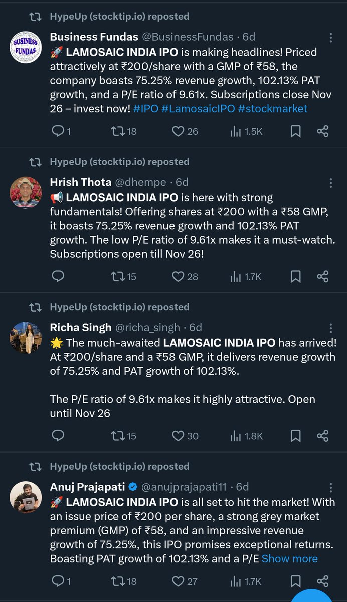 ItsRakesh69's tweet image. #Lamosaic India a clear cut avoid IPO promoting by a lot of handles with 20k and 30k+ followers. Just making retail investors fools. @RajStockWatch @manishlalwani9
