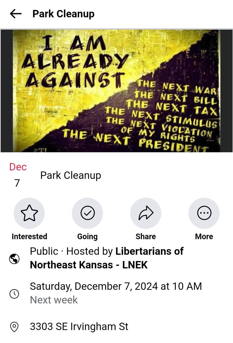 KansasLpmc's tweet photo. 🏴🚨🏴🚨 KS Libertarians in D2 Topeka area, help us be good stewards of our community! Join us for a park cleanup! https://t.co/ZJdjTINQwF https://t.co/FuhRHf0pnu