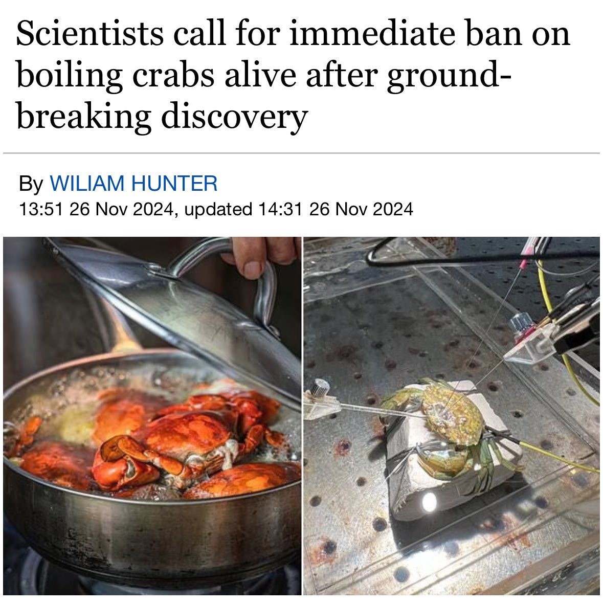 Apparently it took an experiment to conclude that boiling animals alive is “likely to be an excruciatingly painful death.”

dailymail.co.uk/sciencetech/ar…