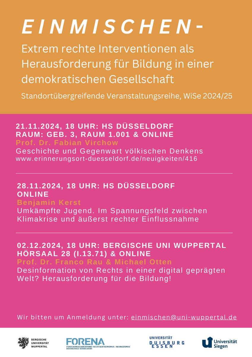 Stadt Wuppertal (@stadt_wuppertal) on Twitter photo Zu einem spannenden Vortrag lädt die <a href="/Uni_Wuppertal/">Bergische Universität Wuppertal</a> nächsten Montag, 2. Dezember, ein: "Desinformation von Rechts in einer digital geprägten Welt? Herausforderung für die Bildung!" thematisiert Verflechtung digitaler Desinformation und Rechtsextremismus.➡️uni-wuppertal.de/de/universitae… Zu einem spannenden Vortrag lädt die <a href="/Uni_Wuppertal/">Bergische Universität Wuppertal</a> nächsten Montag, 2. Dezember, ein: "Desinformation von Rechts in einer digital geprägten Welt? Herausforderung für die Bildung!" thematisiert Verflechtung digitaler Desinformation und Rechtsextremismus.➡️uni-wuppertal.de/de/universitae…