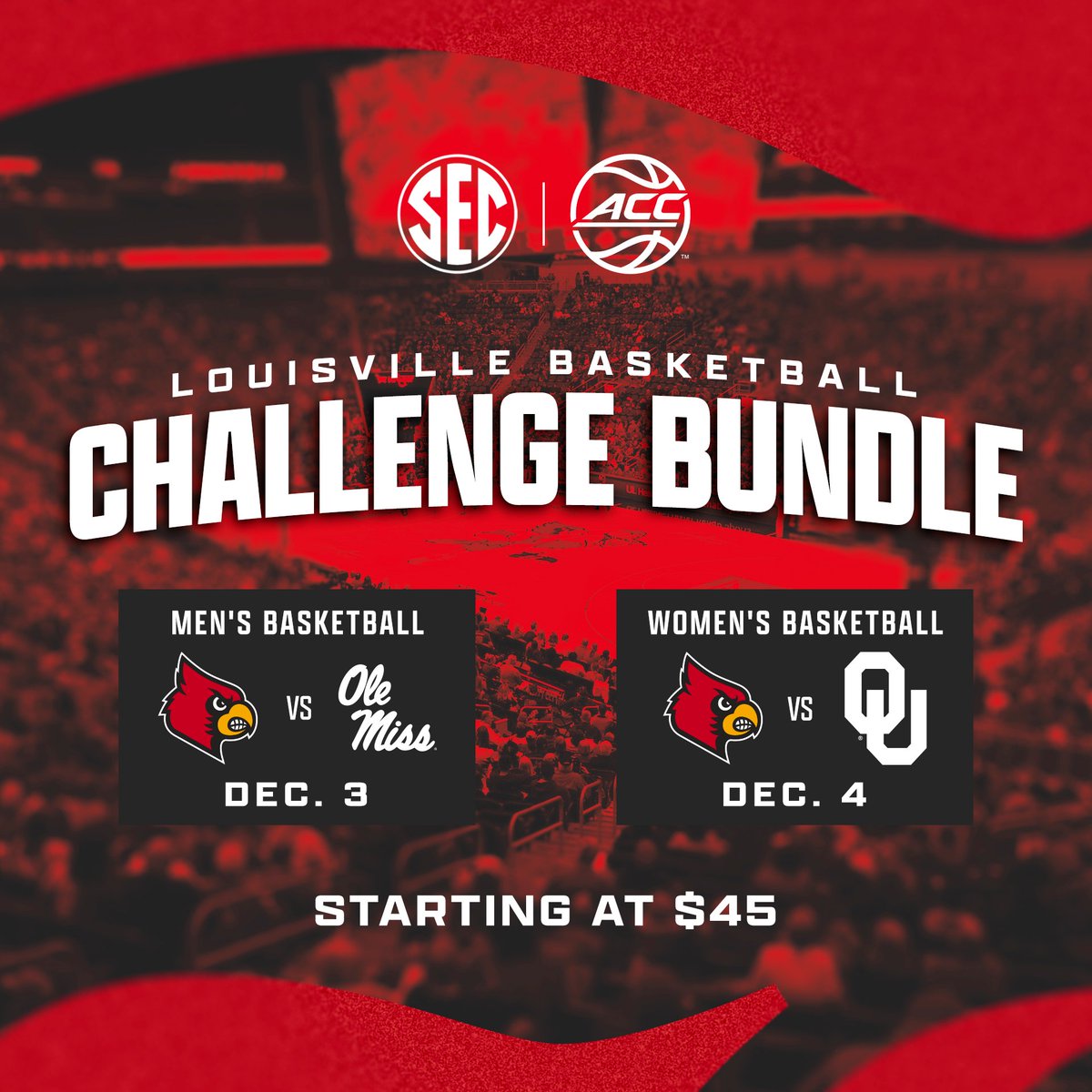 Louisville Athletics (@gocards) on Twitter photo Back-to-back nights of the SEC/ACC Challenge at the Yum! Center!
<a href="/LouisvilleMBB/">Louisville Men's Basketball</a> vs. Ole Miss, Dec. 3 at 9pm
<a href="/LouisvilleWBB/">Louisville Womenโs Basketball</a> vs. Oklahoma, Dec. 4 at 5pm
Be there: GoCards.com/SECACCBundle
#GoCards Back-to-back nights of the SEC/ACC Challenge at the Yum! Center!
<a href="/LouisvilleMBB/">Louisville Men's Basketball</a> vs. Ole Miss, Dec. 3 at 9pm
<a href="/LouisvilleWBB/">Louisville Womenโs Basketball</a> vs. Oklahoma, Dec. 4 at 5pm
Be there: GoCards.com/SECACCBundle
#GoCards