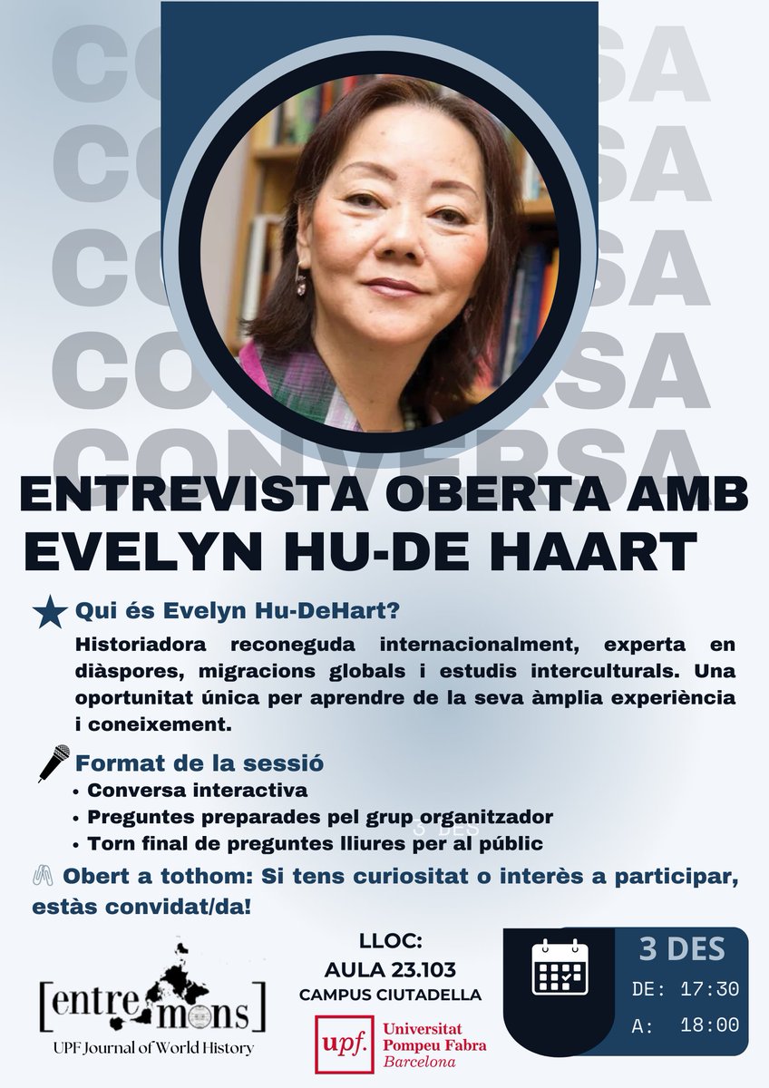 🎤 No et perdis l’entrevista oberta amb la Dra. Evelyn Hu-DeHart! 🗓️ El 3 de desembre a les 17:30h a l’aula 23.103, Campus de la Ciutadella.

Un esdeveniment obert a tots els estudiants de doctorat i màster. T’esperem! 👇

#Entremons #Història #Investigació #UPF #Entrevista