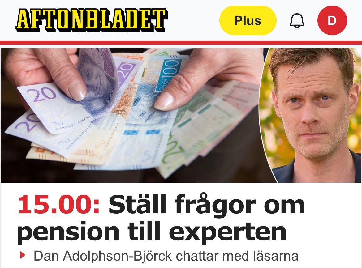 Chatta med mig kl 15 idag på Aftonbladet. Om pensioner i allmänhet eller minPension i synnerhet: aftonbladet.se/minekonomi/pen…