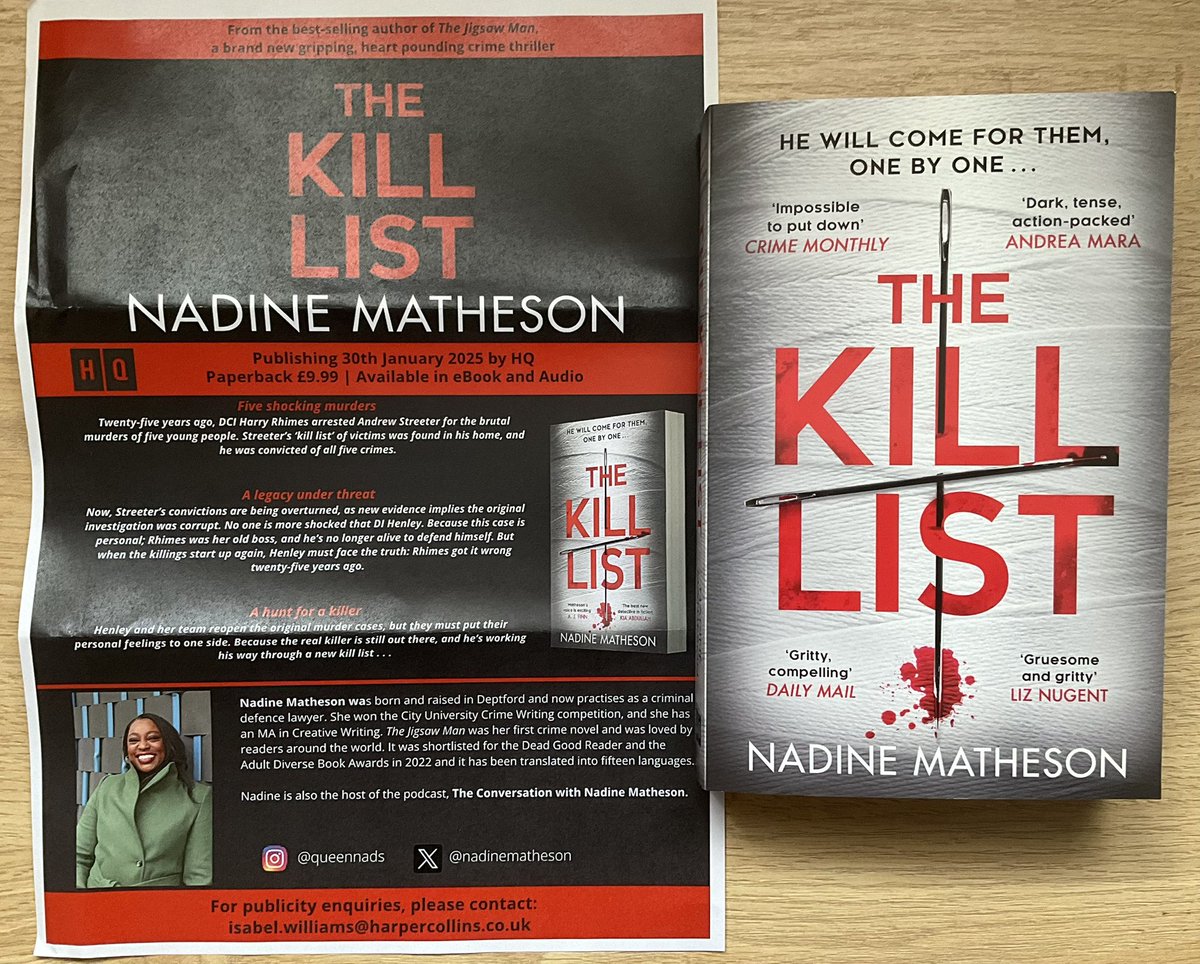 Lindahill50Hill's tweet photo. My huge thanks to @isabelwilliamss for this cracking copy of #TheKillList by Nadine Matheson out from @HQstories on 30th January in paperback. Sounds brilliant! https://t.co/qnFI3Z0Jx2