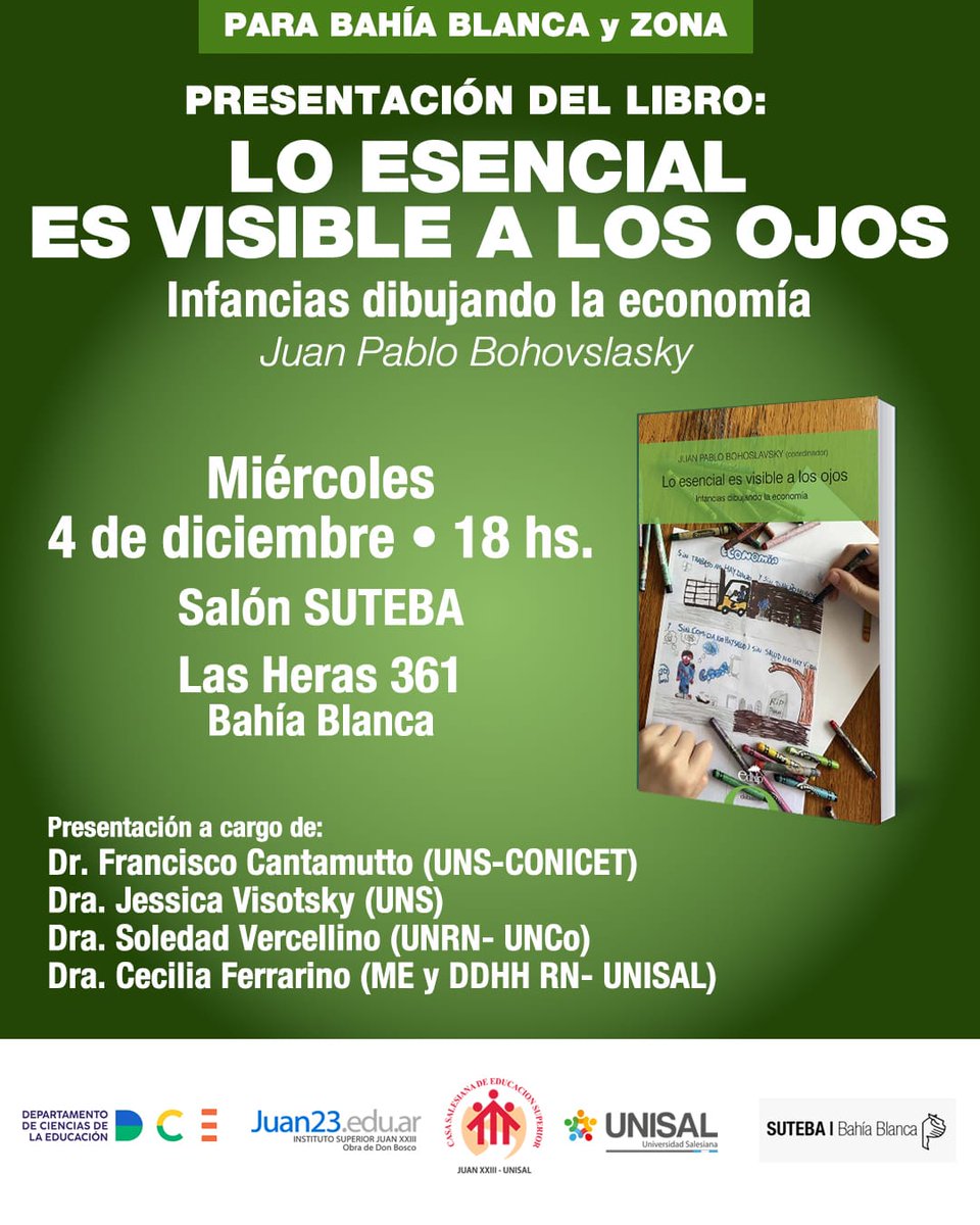 ¡Agendalo! 
📖El libro se organiza en torno a dibujos realizados por niñas y niños de cuarto grado (8-9 años) de escuelas primarias de Río Negro, en los que expresan lo que saben, sienten y quieren sobre la economía.

¡No te lo pierdas!