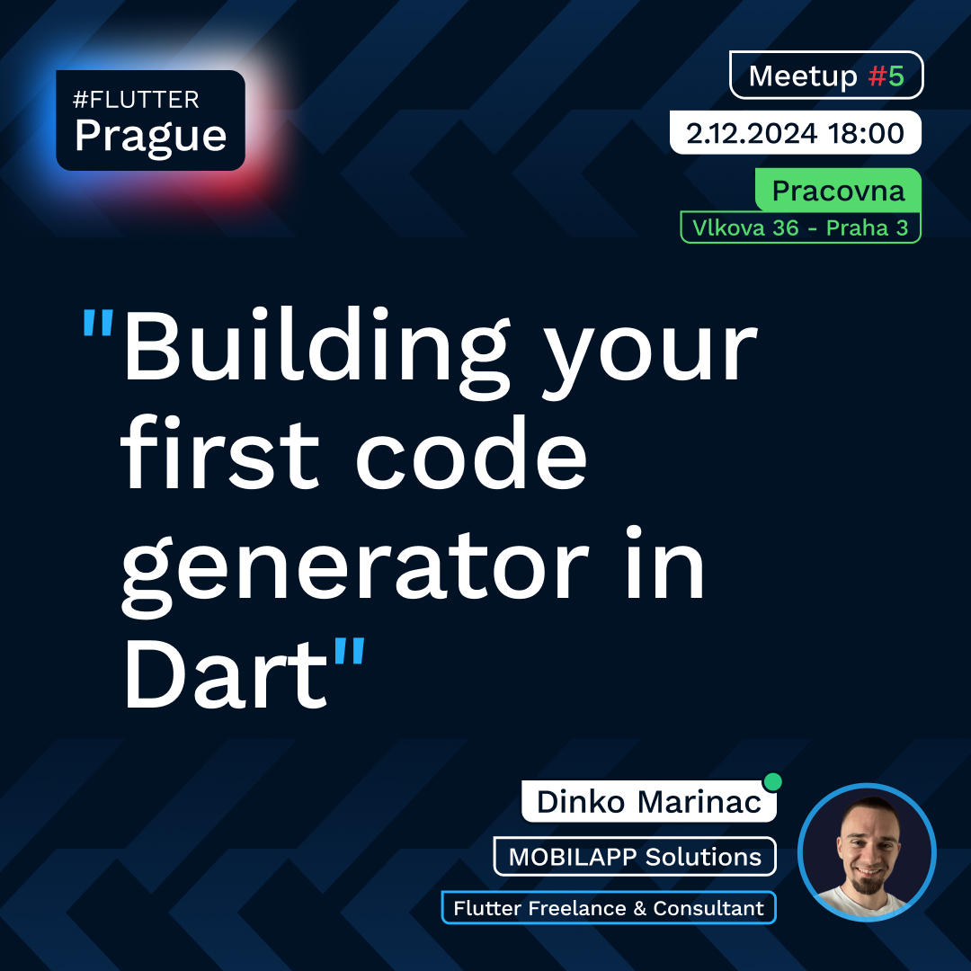 FlutterPrague's tweet image. We’re delighted to introduce our next speaker at #FlutterPrague Meetup! 🔵

@dinkomarinac , CEO of MOBILAPP Solutions, will guide you through all the necessary steps to create your own code generator, including build blocks, annotations, and packages.