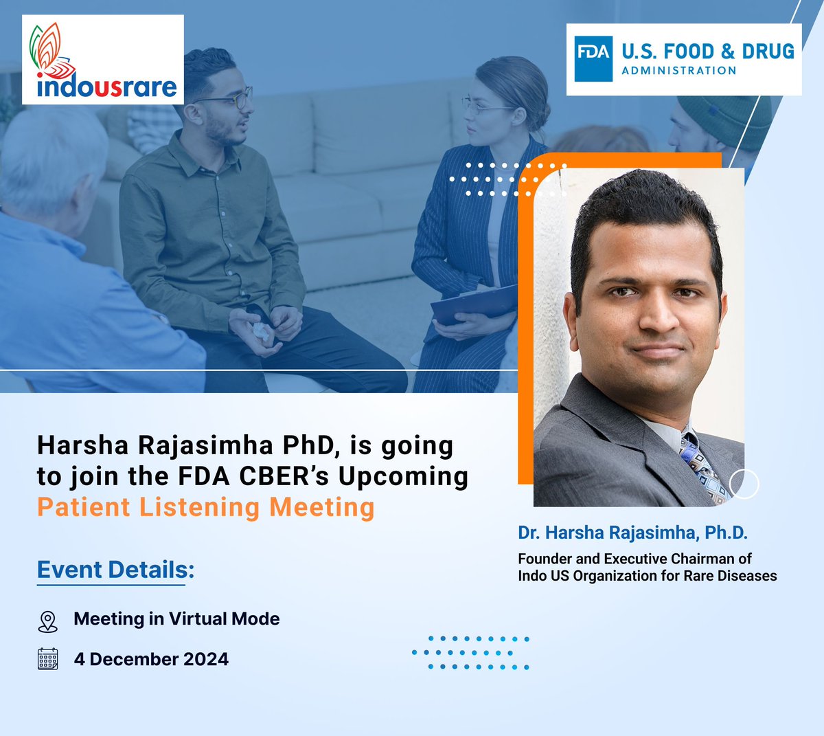 Dr. @HarshaRajasimha, PhD, founder &amp; executive chairman of Jeeva, will join the <a href="/US_FDA/">U.S. FDA</a> CBER Public Patient Listening Meeting on Dec 4, 2024, to discuss enrolling #raredisease patients in early-stage #genetherapy trials.

For more:
buff.ly/3AYoCVu 

#PatientAdvocacy #FDA