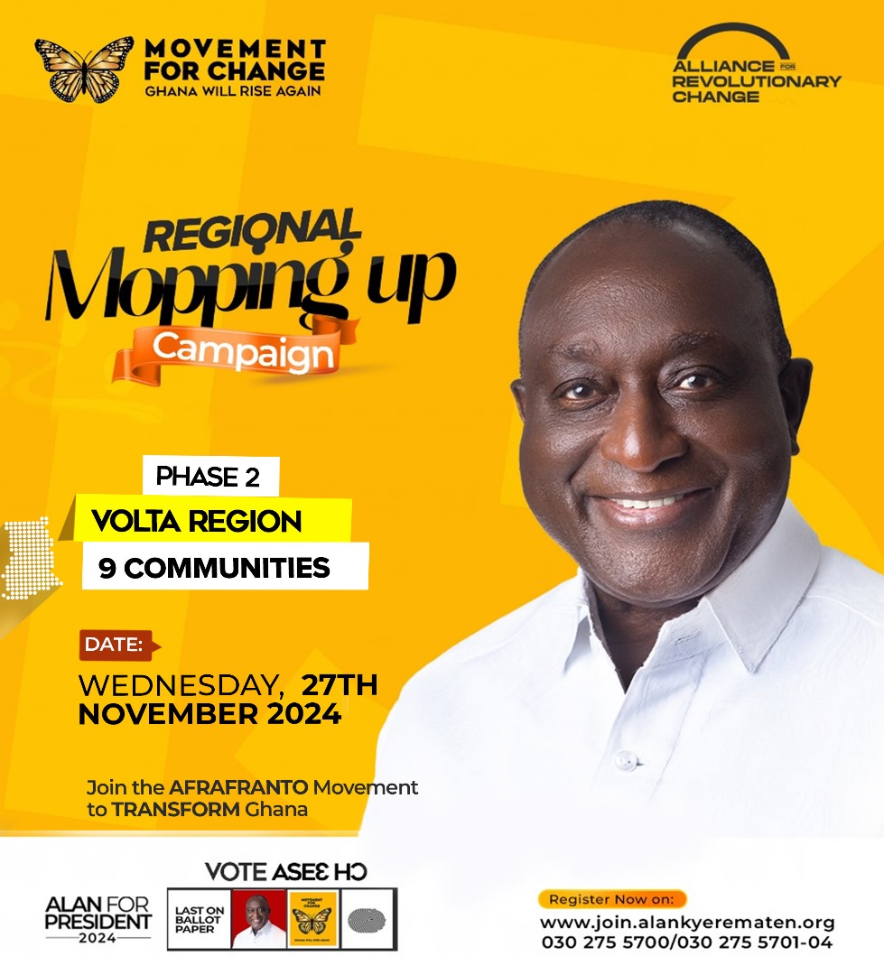 AlanKyerematen's tweet image. 🌍 Volta Region, it’s your turn! Phase 2 of the Regional Mopping-Up Campaign is here, and we’re visiting 9 communities today!

📅 Date: Wednesday, 27th November 2024
🦋 Join the Afrafranto Movement and let’s TRANSFORM Ghana together!
🗳️ Don’t forget: Vote Ase3 Hɔ! Vote Number 13…
