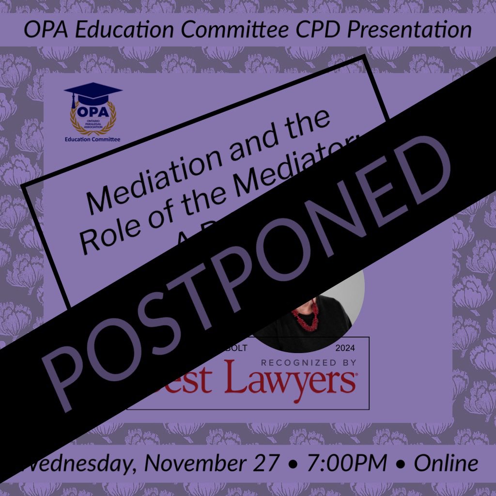 POSTPONED: Our upcoming CPD Mediation and the Role of the Mediator: A Prime has been postponed due to unforeseen circumstances. Check back soon for a rescheduled date and time!!