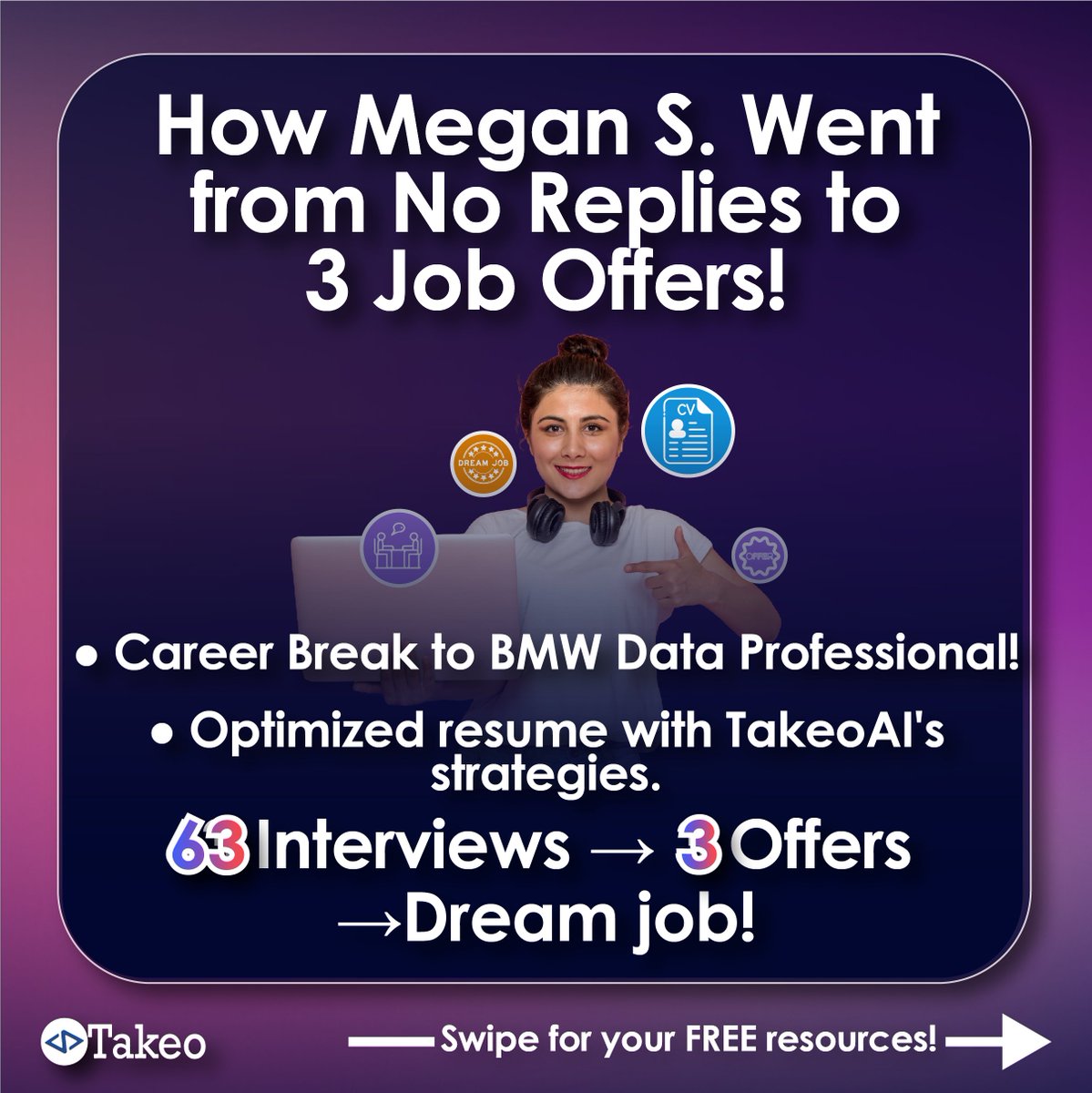 takeo_ai's tweet photo. 💡 Is your resume being rejected by bots before a human even sees it?

In today’s tech job market, Applicant Tracking Systems (ATS) are the first gatekeepers. We understand the challenges job seekers face, from resumes missing key components to improper formatting that fails to pass ATS filters.

🚀 That’s why we teach our students proven strategies to optimize their resumes and land interviews faster:

✅ Quantifiable Achievements to show impact
✅ Keyword Optimization tailored to job descriptions
✅ Personalized Resumes for each application
✅ ATS-Friendly Formats that work

The results?

📈 A 250% increase in Interviews (from 2 to 7 per month!)
📈 A 860% boost in recruiter engagement

Take Megan S., who transformed her generic resume with mismatched job titles into a powerful application. With our personal branding coaching, she secured 3 offers and joined BMW as a Data Professional.

Or Shree P., whose optimized resume helped him achieve 118 interviews in 7 months and land a role at Credit Financials.

🎯 At TakeoAI, our Career Services and Personal Branding sessions ensure every student stands out. Your resume isn’t just a document—it’s your ticket to the future.

🔑 Want to ensure your resume passes ATS filters and gets noticed by recruiters?

Like this post to receive:

📄 A FREE ATS Resume Optimization Checklist – packed with actionable tips to make your resume stand out.
💬 Plus, the first 20 people who like this post will get a FREE one-on-one resume review session with TakeoAI's Career Services team!

Don’t let your dream job slip away—start optimizing your resume today! 🚀