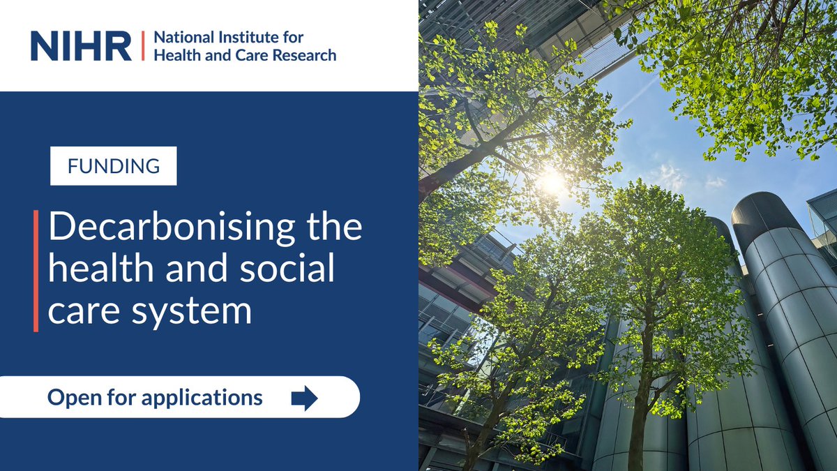 National Institute for Health and Care Research (@nihrresearch) on Twitter photo Applications are now open for our funding opportunity on decarbonising the #health & #SocialCare system 💚
We're looking to fund research that helps the health & care system reduce carbon emissions & achieve #NetZero 🌍
Apply now 👉 nihr.ac.uk/funding/decarb…
<a href="/GreenerNHS/">Greener NHS</a> Applications are now open for our funding opportunity on decarbonising the #health & #SocialCare system 💚
We're looking to fund research that helps the health & care system reduce carbon emissions & achieve #NetZero 🌍
Apply now 👉 nihr.ac.uk/funding/decarb…
<a href="/GreenerNHS/">Greener NHS</a>