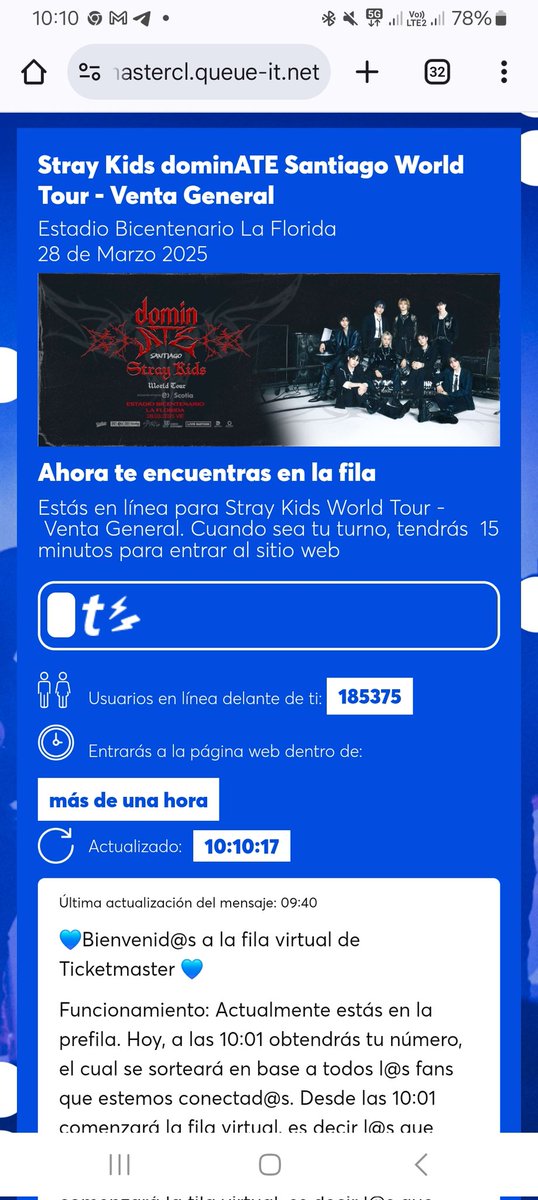 solamente_pau's tweet photo. @ticketmastercl @Stray_Kids @dgmedioschile Entre a la fila a las 9.57, no me demore en poner el codigo y quede mas lejos q el lunes 😭😭😭😭
Se necesita segunda fecha minimo ! Por favoooor 😫😫 https://t.co/jMKVTe8ys3