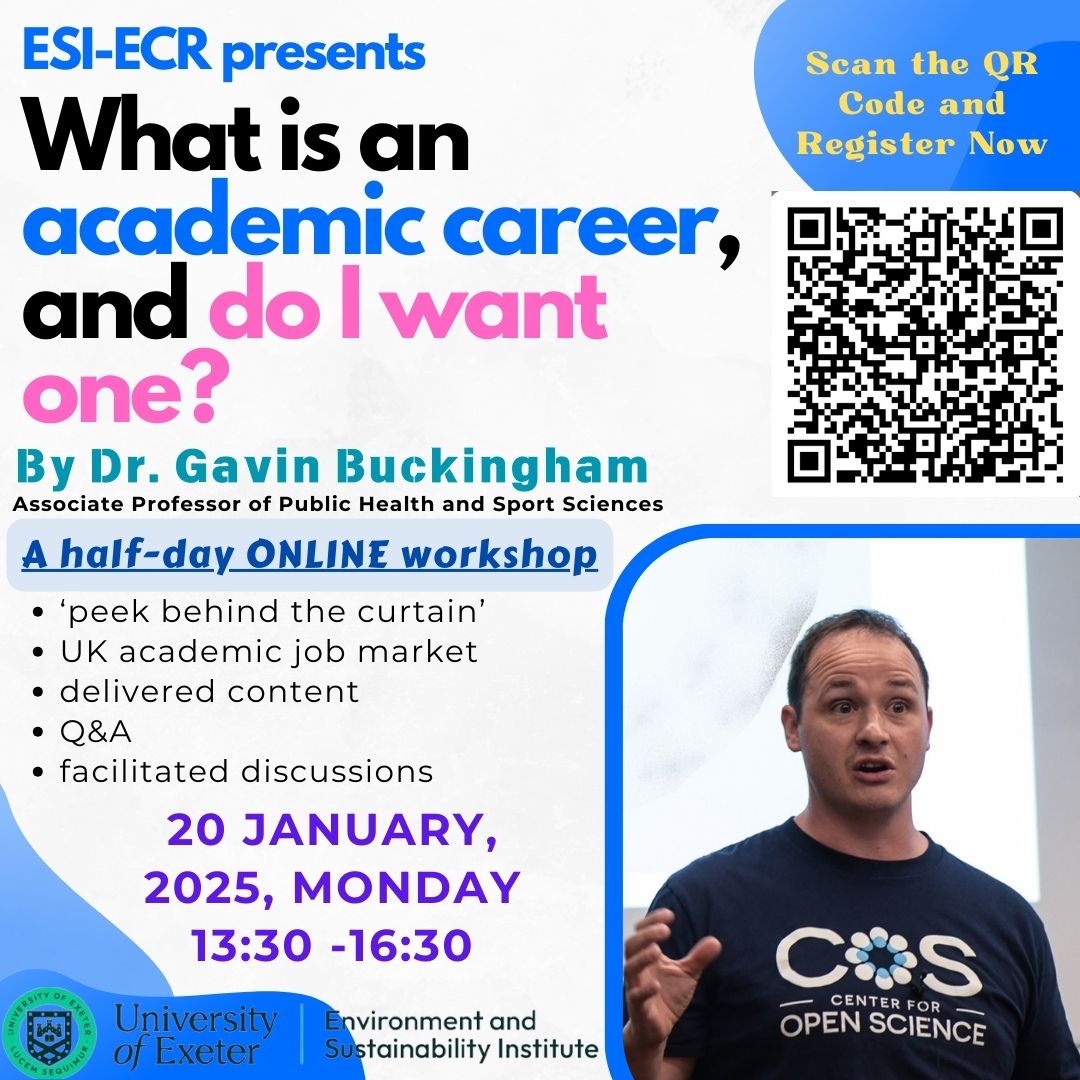 Uni of Exeter's ESI (@uniofexeteresi) on Twitter photo What is an academic career and do I want one?
This online workshop on 20 January, organised by the ESI Early Career Researcher (#ECR) network, will be led by <a href="/DrGBuckingham/">Gavin Buckingham</a>. It is open to <a href="/UniofExeter/">University of Exeter</a> ECR's on all campuses. More details here: exeter.ac.uk/events/details… What is an academic career and do I want one?
This online workshop on 20 January, organised by the ESI Early Career Researcher (#ECR) network, will be led by <a href="/DrGBuckingham/">Gavin Buckingham</a>. It is open to <a href="/UniofExeter/">University of Exeter</a> ECR's on all campuses. More details here: exeter.ac.uk/events/details…