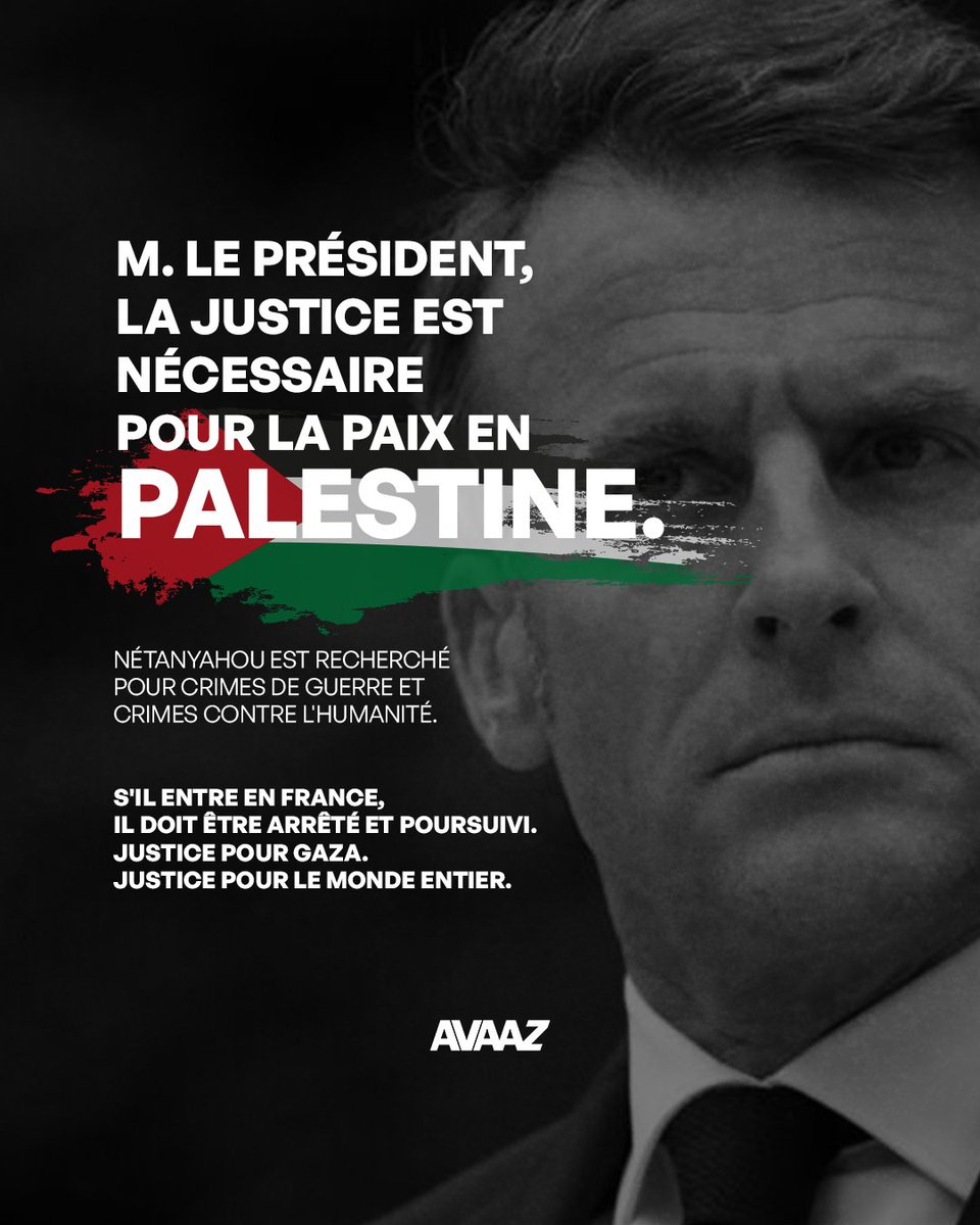 😳Quelle honte ! Sous la pression des États-Unis et d'Israël, la France recule et refuse d’appliquer le mandat d’arrêt contre Nétanyahou.

✊Rejoignez notre appel mondial pour faire pression sur <a href="/MichelBarnier/">Michel Barnier</a> &amp; <a href="/EmmanuelMacron/">Emmanuel Macron</a>. 
🇵🇸Justice pour Gaza !

➡️ secure.avaaz.org/Arretez_Netany…