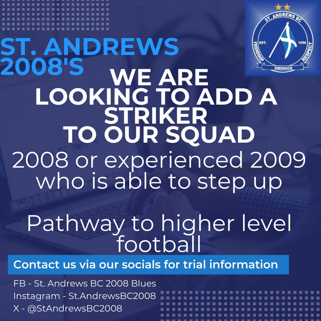 StAndrewsBC2008's tweet photo. We are looking to add a striker to our squad for more details drop us a DM on our FB, Instagram or X account or email us at st.andrewsbc2008@gmail.com https://t.co/PXearWxyHA