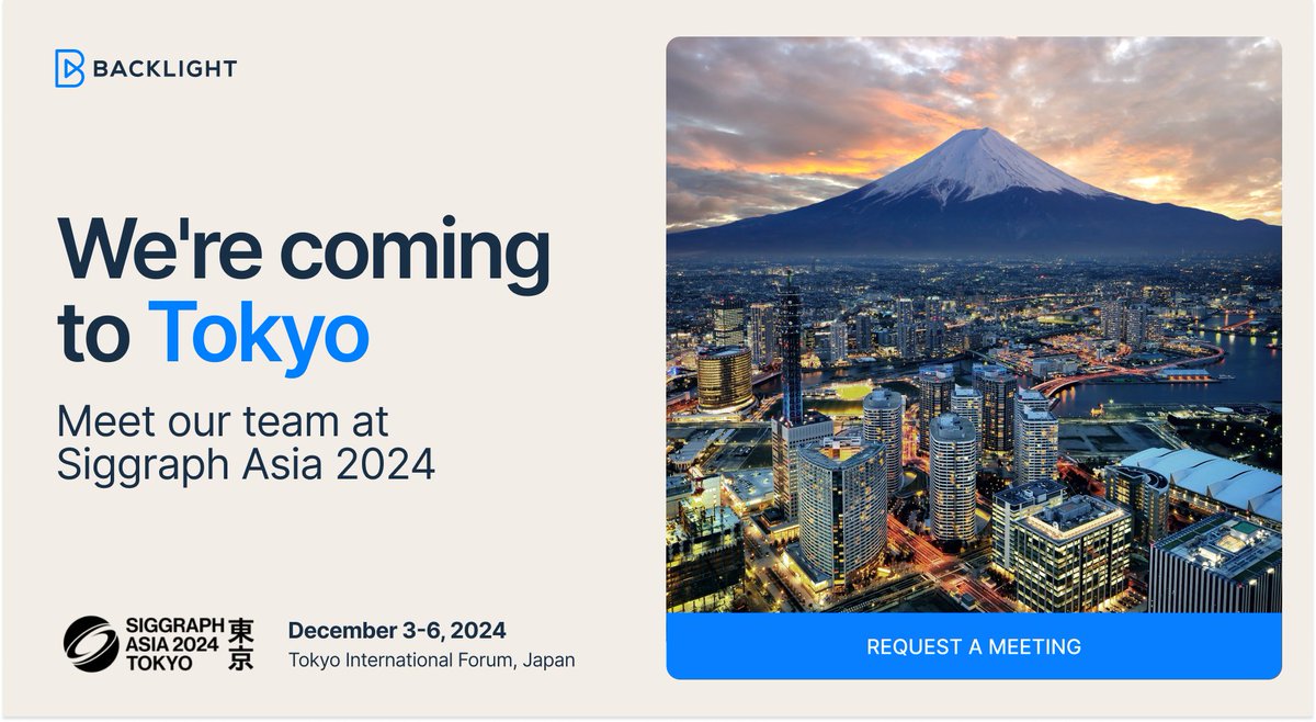 Backlight will be at SIGGRAPH Asia 2024 in Tokyo from December 3-6! Meet with our team to explore ftrack, cineSync, and our full product line. Request meetings here: hubs.ly/Q02ZHbfy0 
#SIGGRAPHAsia2024