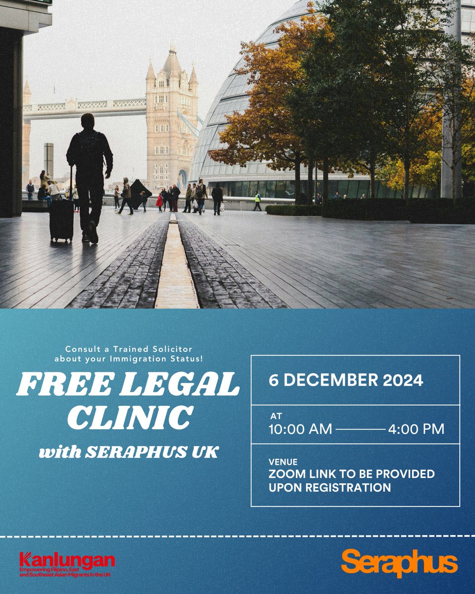 Kanlungan Filipino Consortium (@kanlunganuk) on Twitter photo Have questions about your immigration status? Join us to receive advice!
If interested, contact Norwyn Crame ASAP (norwyn@kanlungan.org.uk / 07562950623) for an initial call to draft a summary of your case. Have questions about your immigration status? Join us to receive advice!
If interested, contact Norwyn Crame ASAP (norwyn@kanlungan.org.uk / 07562950623) for an initial call to draft a summary of your case.