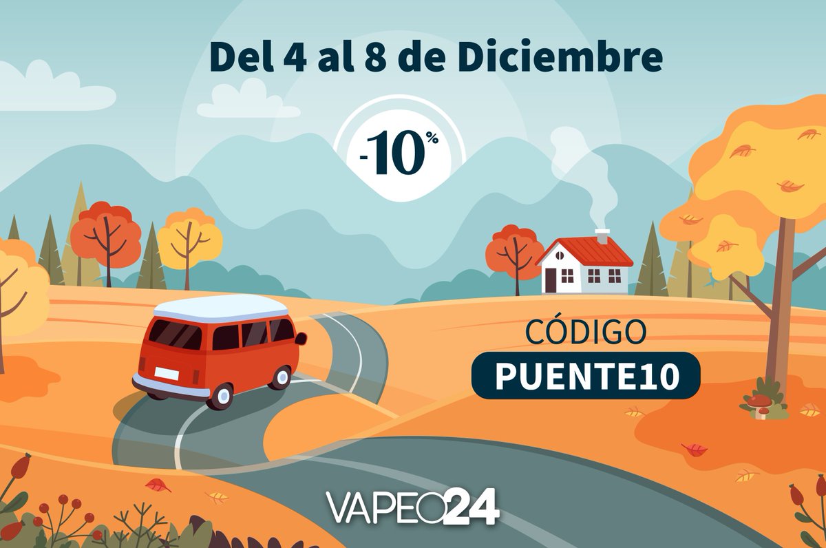 ¡El Puente de Diciembre está aquí, y tengas o no vacaciones, en Vapeo24 te hacemos disfrutar igual!  
Del 4 al 8 de diciembre, ¡aprovecha un 10% de descuento!