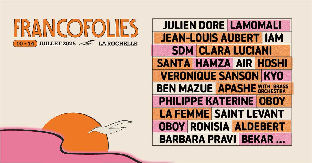 <a href="/francofolies/">Francofolies</a> , c’est reparti ! 🌅🎶

Du 10 au 14 juillet 2025, La Rochelle va vibrer avec Julien Doré, SDM, Clara Luciani, Santa, Hamza… et bien d’autres ! 🎤🔥

🎟️ Les places sont dispo dès maintenant sur See Tickets : bit.ly/3V6lhdB