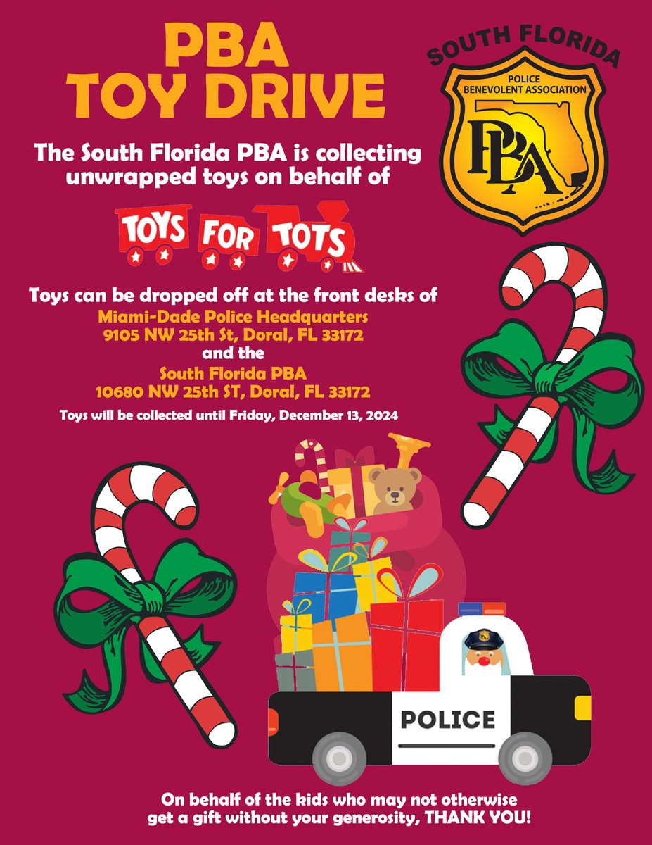 We are supporting Marine Toys for Tots Foundation 🧸 by collecting toys for children in need.
You can drop off your donations at:
MDPD Headquarters
9105 NW 25th St.
Doral, FL 33172
or 
South Florida PBA
10680 NW 25th St.
Doral, FL 33172
until Friday, 12/13.
Thank you! 🎄