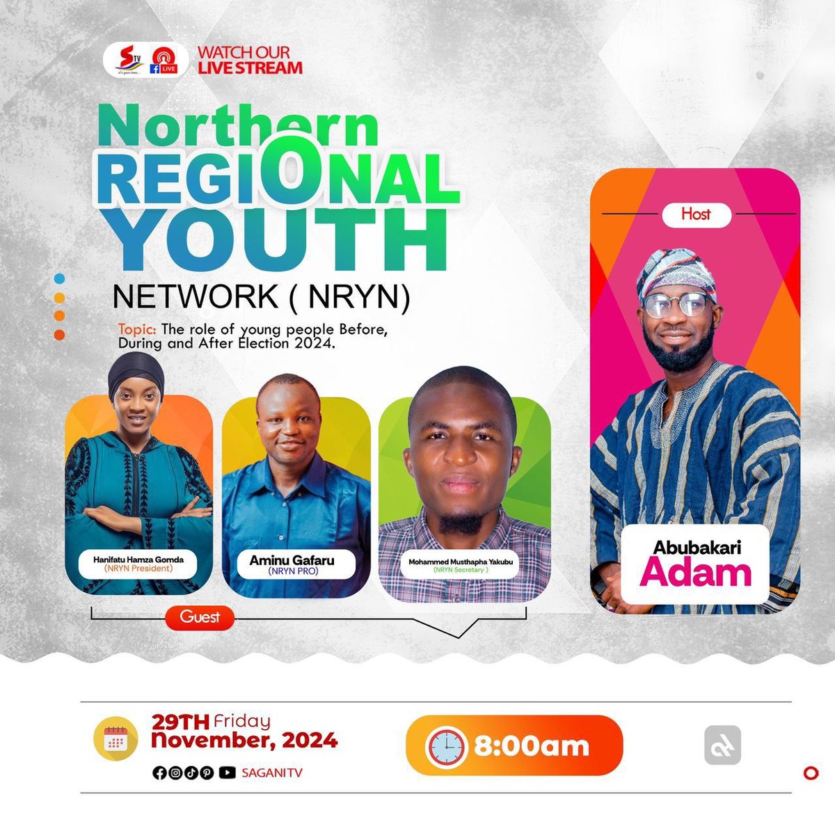 Join us this Friday, 29th November 2024, at 8: 00 AM on Sagani TV as the Northern Regional Youth Network (NRYN) discusses:
"The Role of Young People Before, During, and After Election 2024."

Let’s shape the future of youth leadership and democracy together! 💡
#NRYN #Youth4Peace