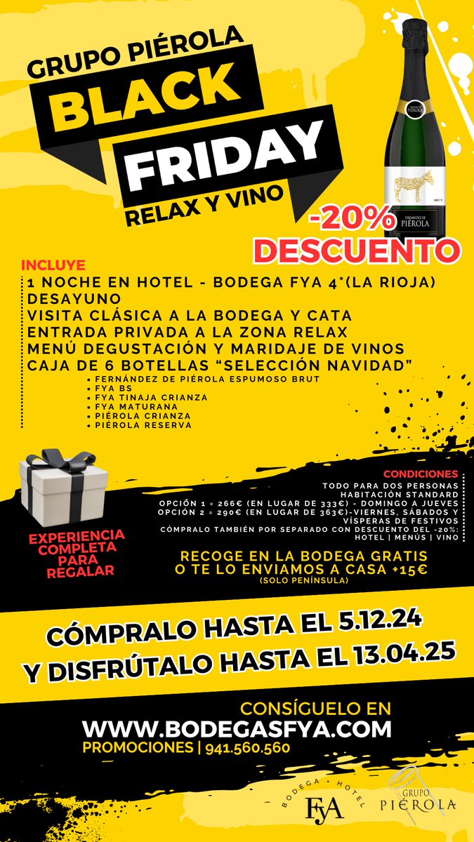 #BLACKFRIDAY - Super idea para regalar!!! Contrata hasta el 5/12 y disfruta hasta el 13/04/2025. No lo dejes escapar! relax y vino en la bodega o en tu casa. +INFO: 941.560.560 (24h) bodegasfya.com/promociones-ex… #rioja #larioja #promo #bodega #hotel #museo #gastronomía #viñedo #wine