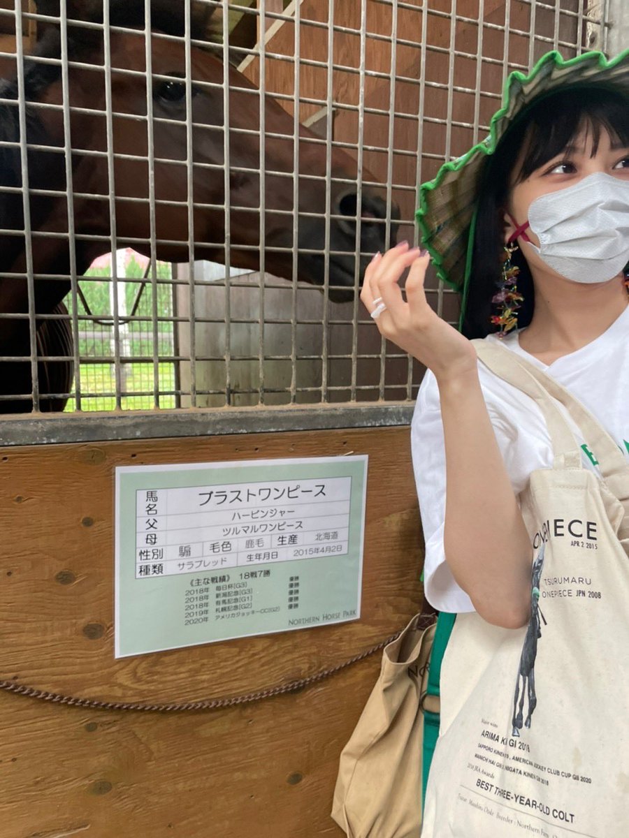 licca83's tweet photo. ワンピくんがウマ娘化😭

ワンピくんTシャツに、ワンピくんトート、シャドーロールカラーの帽子被って、北海道のノーザンホースパークに会いに行ったら、競馬ファンのお兄さん二人組に二度見されて「お姉さんの写真を撮りたい!」って名物ファンみたいな立ち位置になった思い出🌿

#ブラストワンピース https://t.co/x5cFEKwr84
