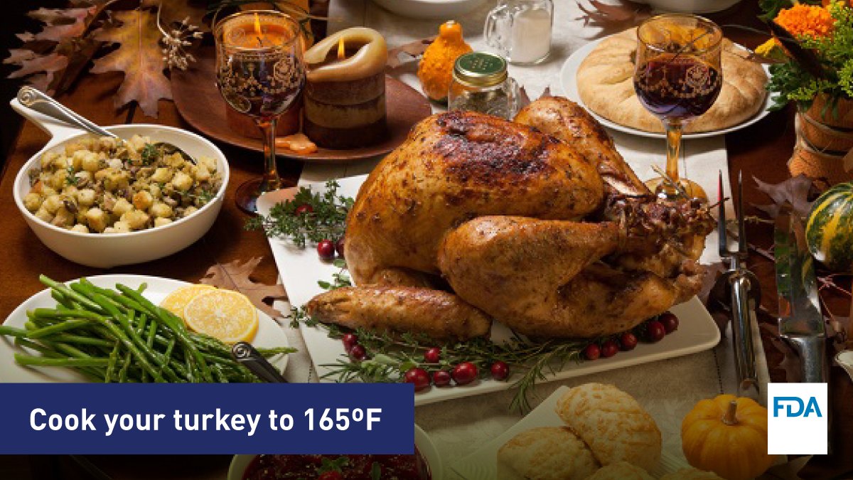 FDAfood's tweet image. Holiday 🦃 turkey tip: Keep your turkey juicy and safe by cooking it to 165ºF.
If the turkey is stuffed, the temperature of the stuffing should be 165ºF. 
Don’t rely on color alone for doneness. 
For more holiday food safety tips: fda.gov/food/buy-store…

#HappyThanksgiving