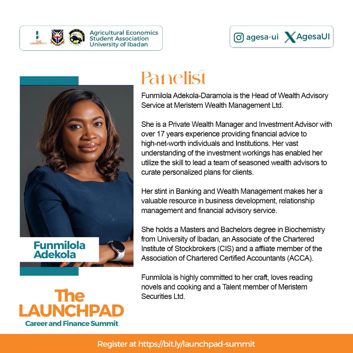 AgesaUI's tweet photo. Funmilola Adekola-Daramola, Head of Wealth Advisory Services at Meristem Wealth Management Ltd., brings over 17 years of expertise in financial planning and investment advisory.
Don't miss out
Register now!
https://t.co/ICdNdEV55H
#LaunchpadSummit #WealthManagement https://t.co/3131qyp3OD