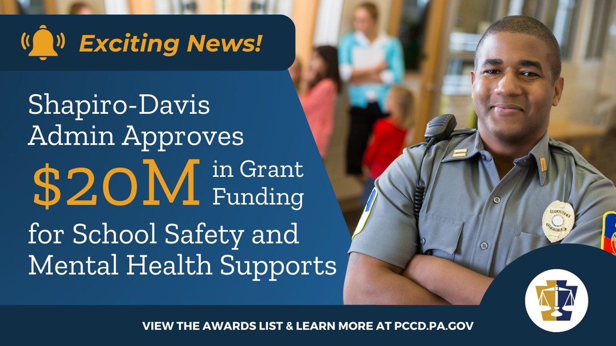 Pennsylvania Commission on Crime and Delinquency (@pacrimecomm) on Twitter photo 🔔 Exciting News!
Nearly $20M in school safety grants are heading to nonpublic schools, municipalities, & law enforcement, and approved security vendors across PA! 🚸✨
This completes the $120M investment from <a href="/GovernorShapiro/">Governor Josh Shapiro</a> + <a href="/LGAustinDavis/">Lieutenant Governor Austin Davis</a> Admin's 2024-25 budget, ensuring 🔔 Exciting News!
Nearly $20M in school safety grants are heading to nonpublic schools, municipalities, & law enforcement, and approved security vendors across PA! 🚸✨
This completes the $120M investment from <a href="/GovernorShapiro/">Governor Josh Shapiro</a> + <a href="/LGAustinDavis/">Lieutenant Governor Austin Davis</a> Admin's 2024-25 budget, ensuring