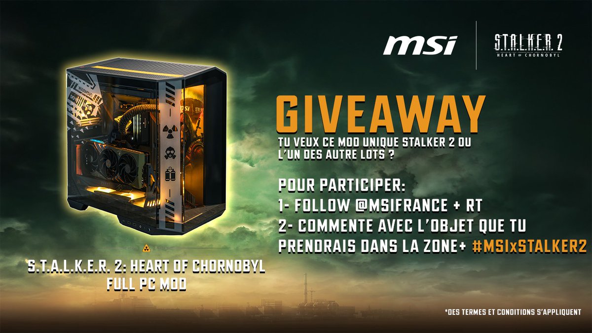 C'est LE lot ultime de notre campagne STALKER 2 !

Si tu veux le gagner ⤵ 
1- Follow <a href="/msifrance/">MSI France</a> + RT
2- Commente avec l'objet que tu prendrais dans la Zone + #MSIxSTALKER2 
Fin le 30/11 ⚠️

La RTX 4070Ti édition limitée : msi.gm/RTX4070Ti_Stal…