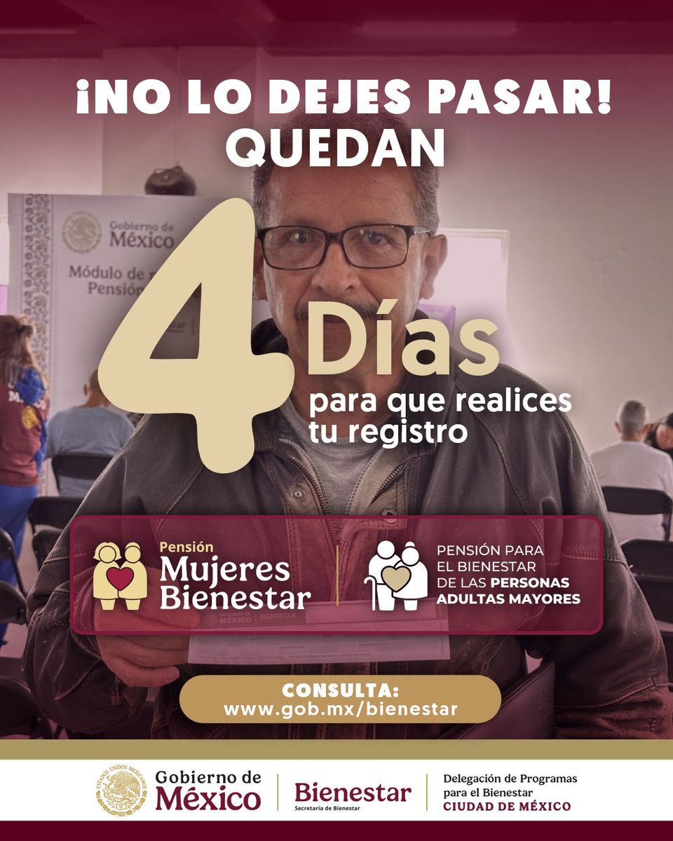 Bienestar_CDMX's tweet photo. 🔴¡URGENTE!🔴

En 4 días finaliza el registro a las Pensiones para Adultos Mayores y Mujeres Bienestar. 🔔🗓

Si cumplen con los requisitos, acudan de inmediato a su Módulo para realizar la incorporación. 👩🏾‍🦱🧓🏻📍

¡No olviden llevar su documentación completa y actualizada! 📁

https://t.co/gOtjkd3Ia4

#CiudadDelBienestar