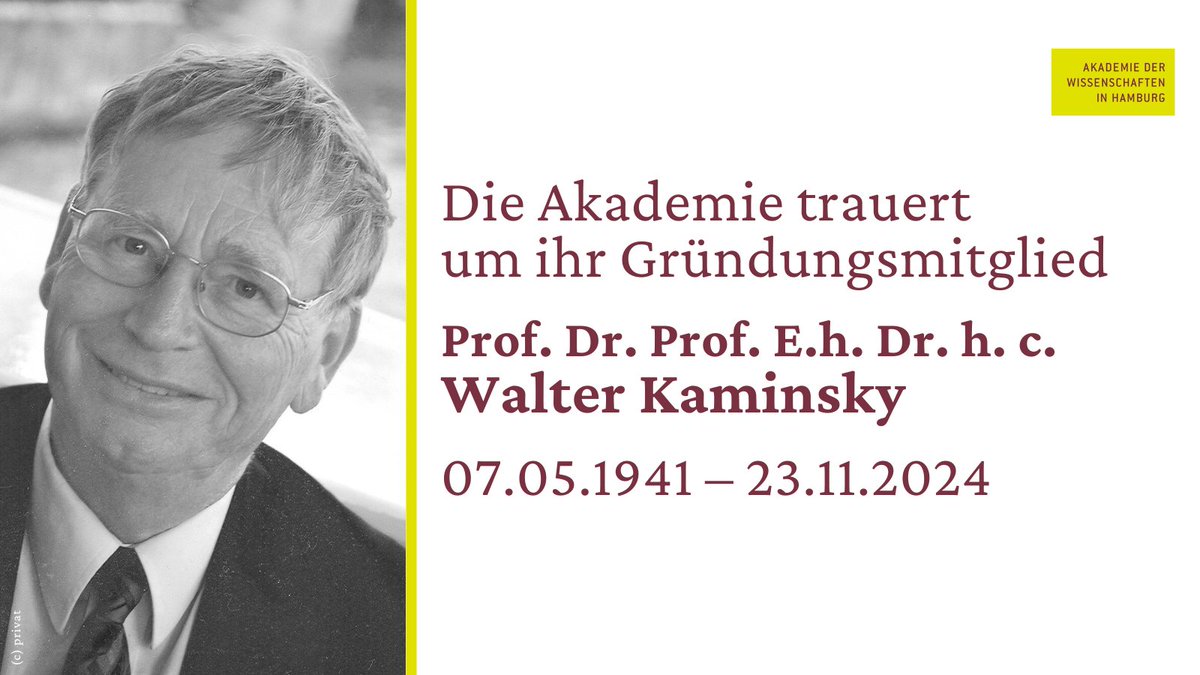 Akademie der Wissenschaften in Hamburg (@awhamburg) on Twitter photo Unser Gründungsmitglied Walter Kaminsky ist mit 83 Jahren gestorben. Der vielfach ausgezeichnete Chemie-Emeritus <a href="/unihh/">Universität Hamburg</a> war bis zuletzt engagiert. Beispielsweise für unsere Nachwuchsförderung. Die Akademie verliert so auch einen unermüdlichen Förderer.
awhamburg.de/aktuell/aktuel… Unser Gründungsmitglied Walter Kaminsky ist mit 83 Jahren gestorben. Der vielfach ausgezeichnete Chemie-Emeritus <a href="/unihh/">Universität Hamburg</a> war bis zuletzt engagiert. Beispielsweise für unsere Nachwuchsförderung. Die Akademie verliert so auch einen unermüdlichen Förderer.
awhamburg.de/aktuell/aktuel…