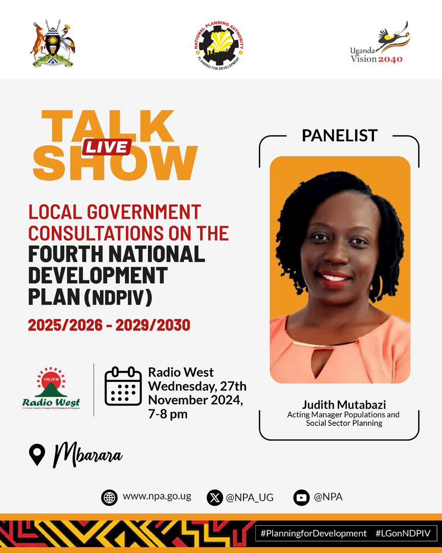 NanyonjoWinnie2's tweet image. Join us tonight, 27th Nov 2024, 7–8 PM, as Judith Mutabazi, Acting Manager for Population &amp;amp; Social Sector Planning, shares insights on the Fourth National Development Plan (2025/26–2029/30) live on Radio West from Mbarara.  

#LGonNDPIV #PlanningForDevelopment