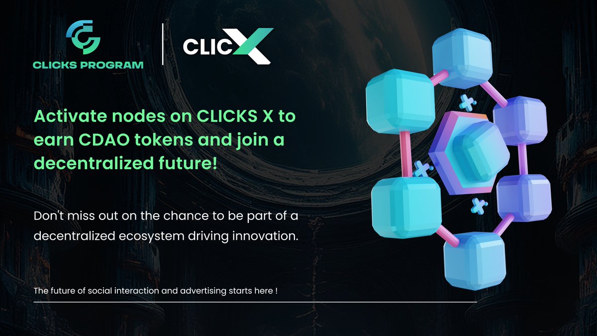 ClicksProgram's tweet image. 🎯 Every activated node on CLICKS X unlocks CDAO token rewards, paving the way for unparalleled growth potential. 

Don&apos;t miss out on the chance to be part of a decentralized ecosystem driving innovation. 🚀 

#ActivateNodes #CLICKSDAO #ClicksX #Defi #Blockchain #Web3 #Airdrop…