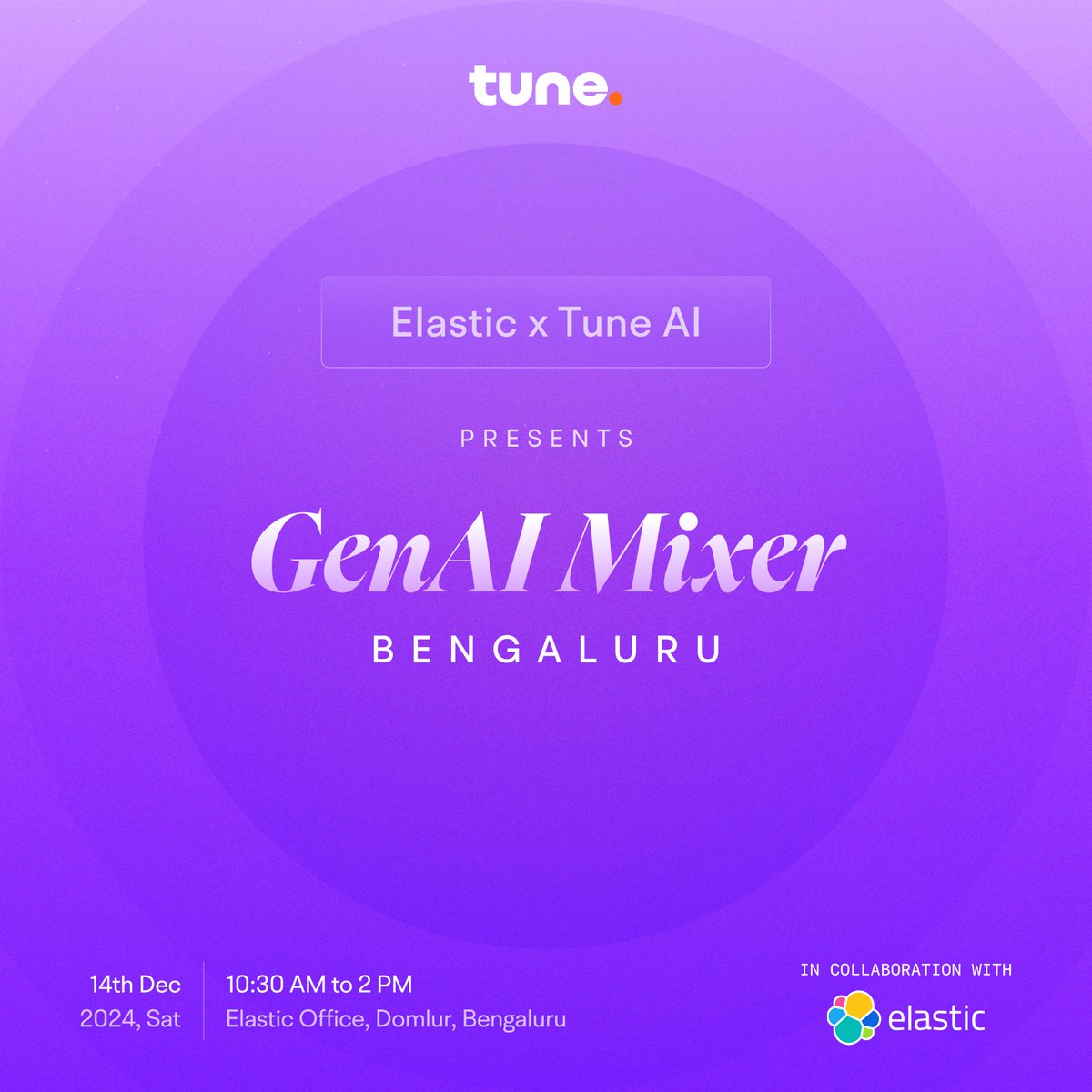 Join us for the <a href="/Tunehq_ai/">Tune AI</a>  x <a href="/elastic/">Elastic</a> GenAI Mixer in Bengaluru 🚀

📅 14th Dec 2024
📍 Elastic Office, Domlur, Bengaluru

Exciting talks lined up - speaker announcements dropping soon 

Register here: lu.ma/h3m968uj

#tune #elastic #genai #meetup #bengaluru