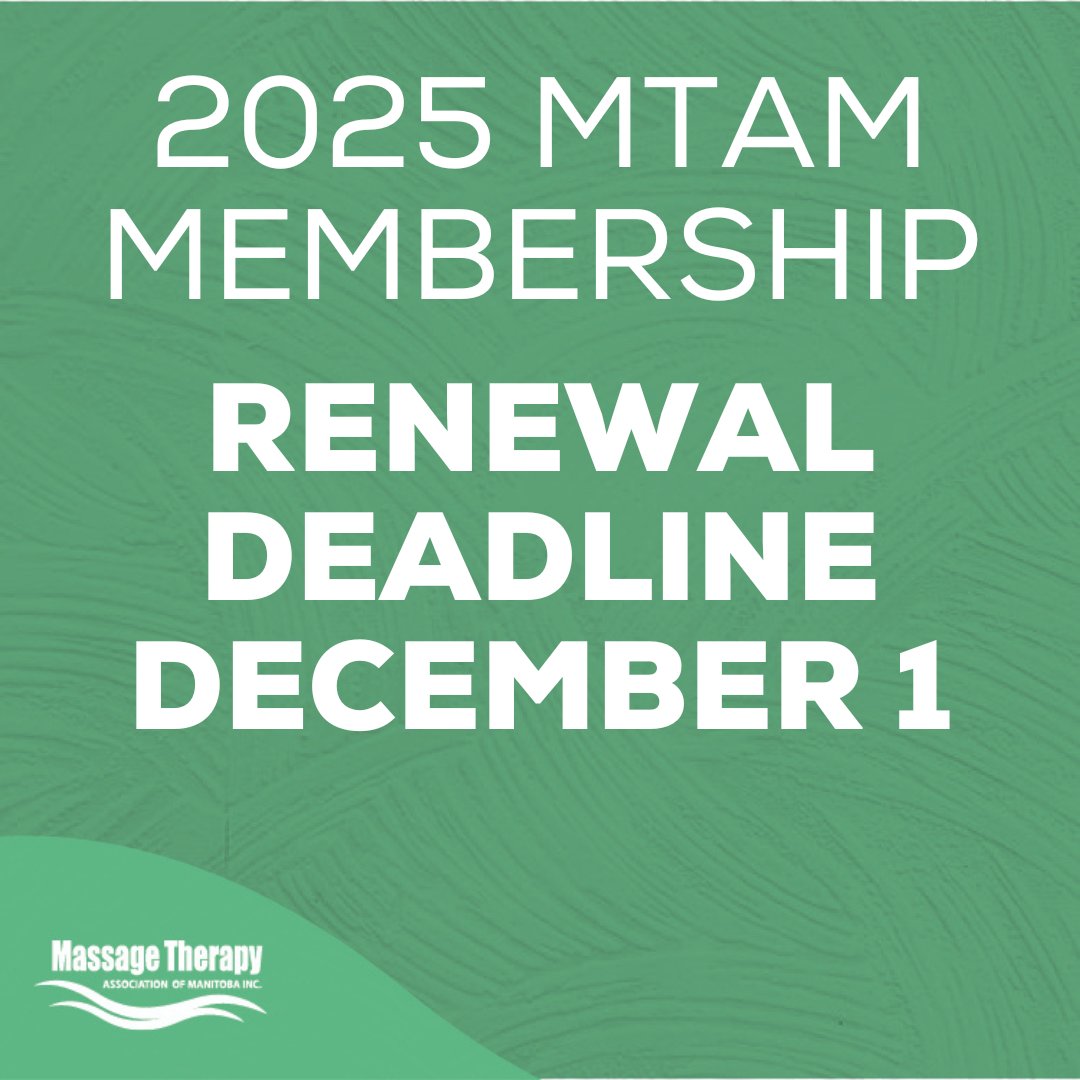MTAManitoba's tweet photo. The final deadline to renew your MTAM membership is Dec 1!

Join the largest association of professional massage therapists in MB, with a number of benefits, contributions, resources and more.

Learn about the MTAM membership benefits here:
https://t.co/ppkeFZ0Oth

#MTAManitoba https://t.co/XvP6yJZXoF
